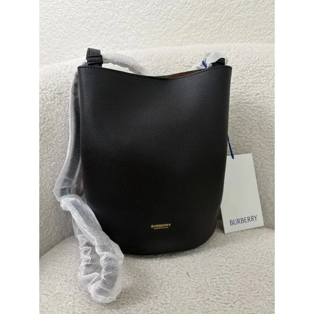 Burberry Black Leather Bucket Bag with Check Strap